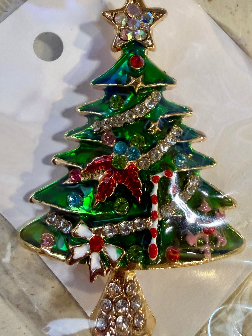 Festive Green Christmas Tree Brooch with Rhinestones